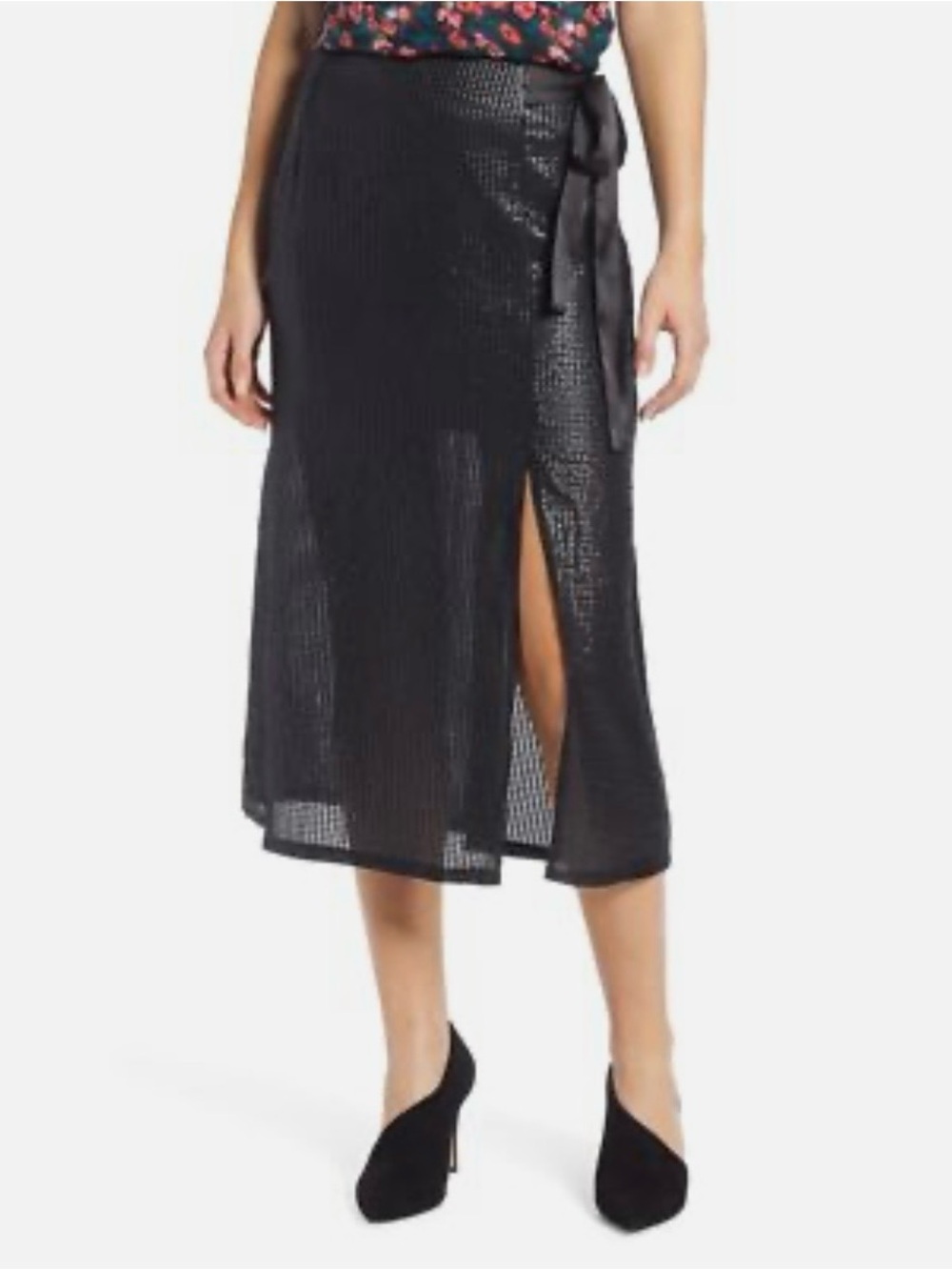 Something Navy Sequin Black Textured Midi Skirt with Side Slit and Tie XS